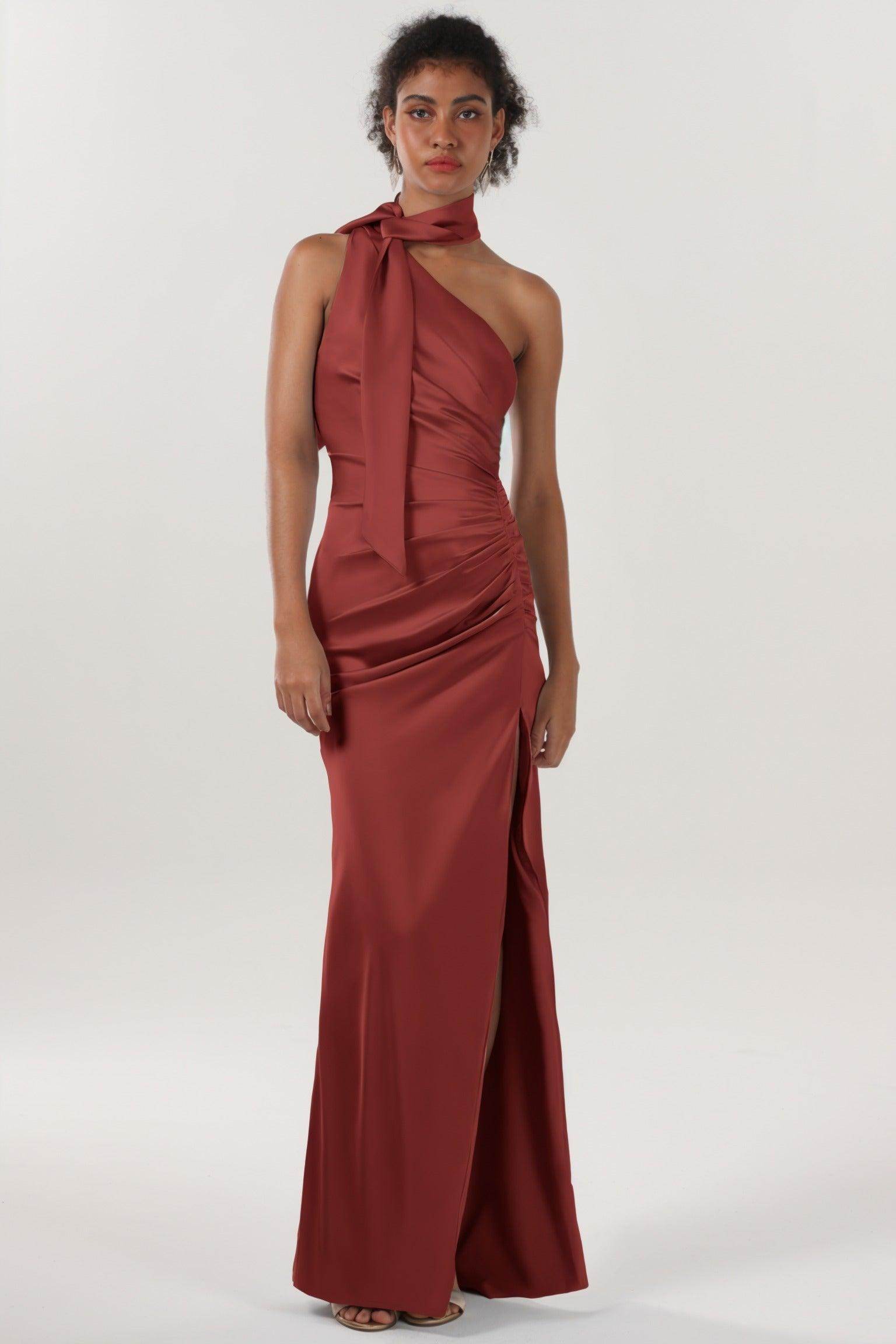 Sheath-Column Maxi Luxe Satin Bridesmaid Dress CS0604BM - COCOMELODY